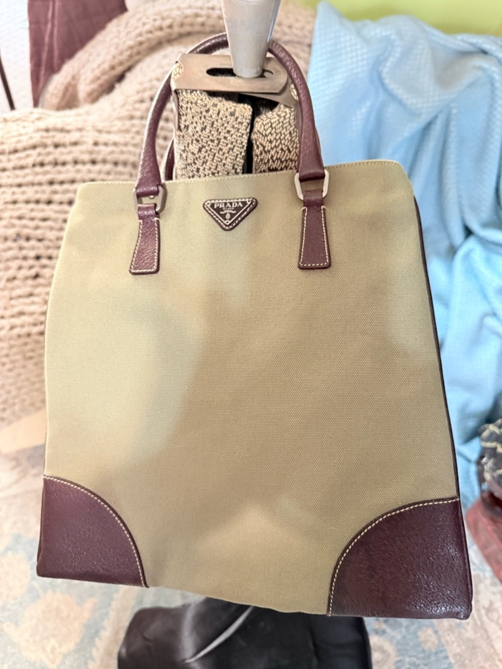 Prada Olive and Brown Canvas & Leather Tote - - Picture 3 of 14